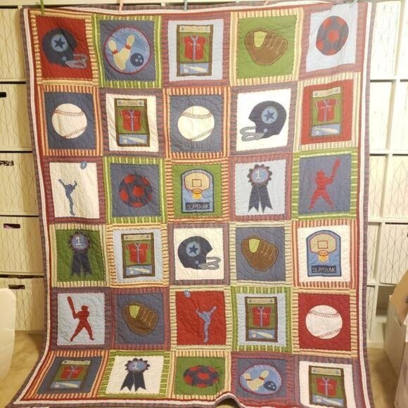 Pottery Barn Kids Sports Quilt 68" X 86" Cotton football baseball basketball - Picture 2 of 8